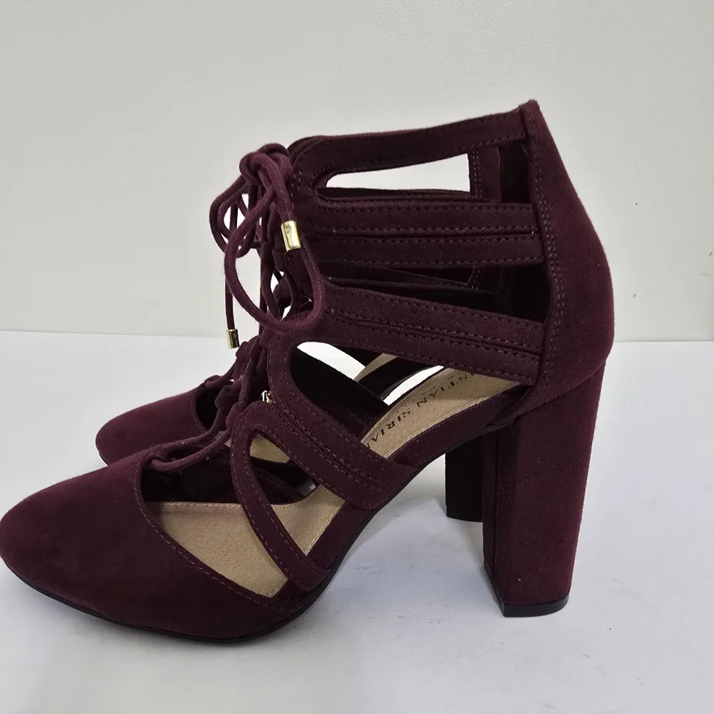 CHRISITIAN SIRIANO size 6.5 Suede Lace Up Strappy Block‎ Heel Shoes Burgundy